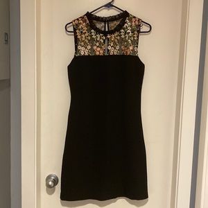 Karl Lagerfeld, black dress with embroidered floral chest lace, size 8.